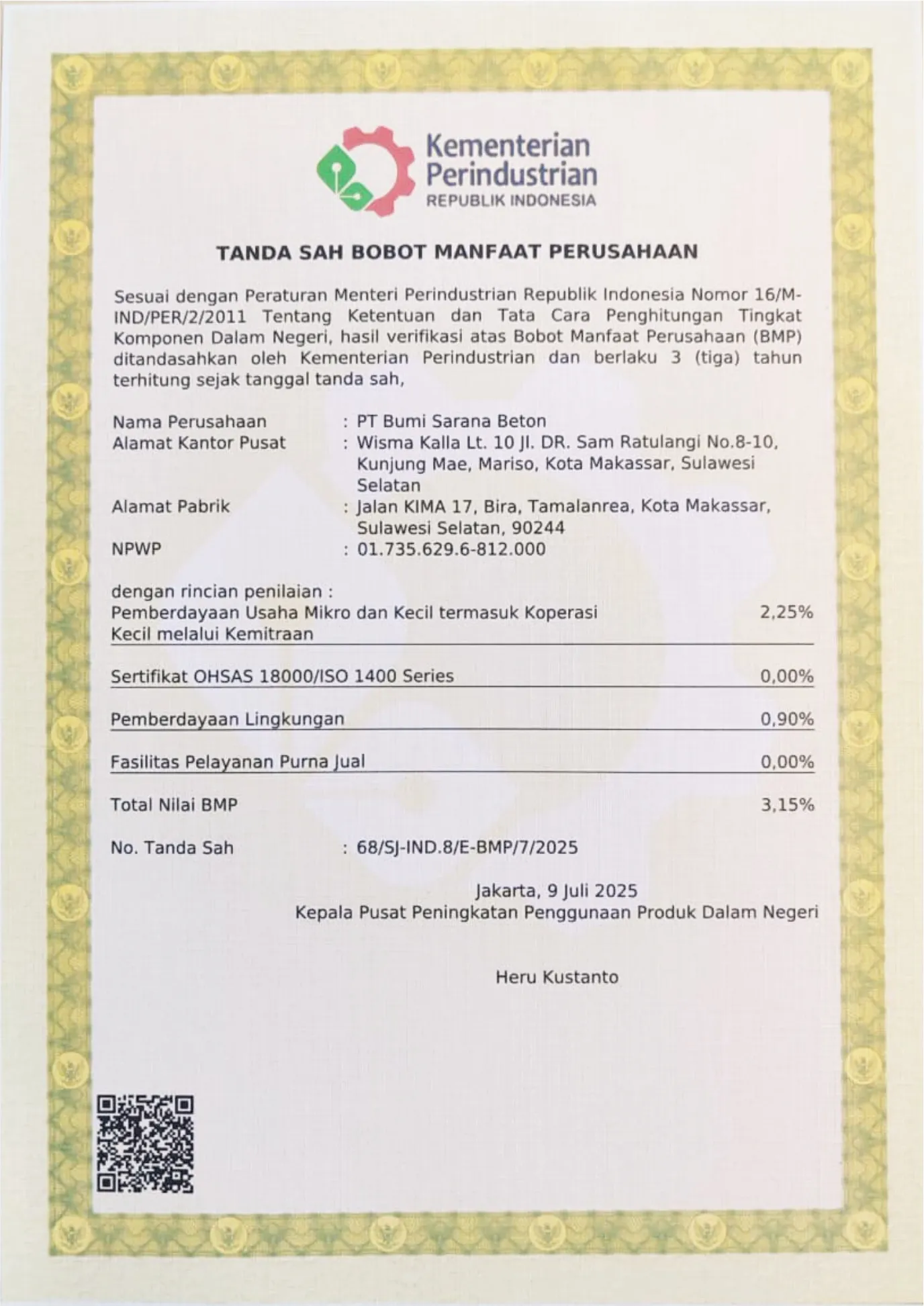 Sertifikat BMP (Bobot Manfaat Perusahaan)