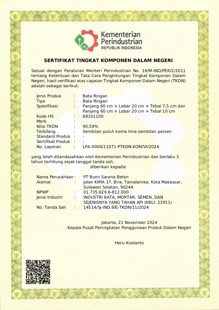Sertifikat TKDN Bata Ringan