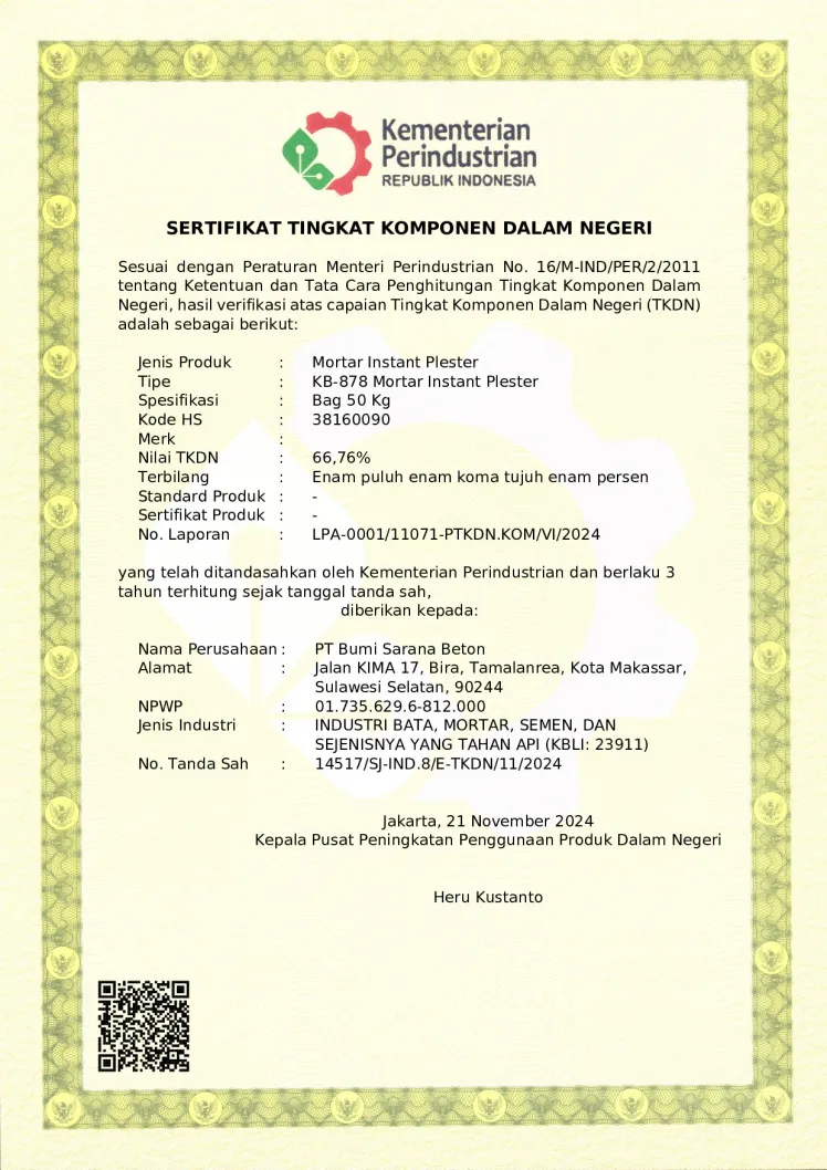 Sertifikat TKDN Mortar Instan Plaster
