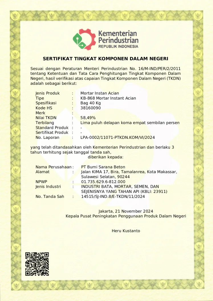 Sertifikat TKDN Mortar Instan Acian